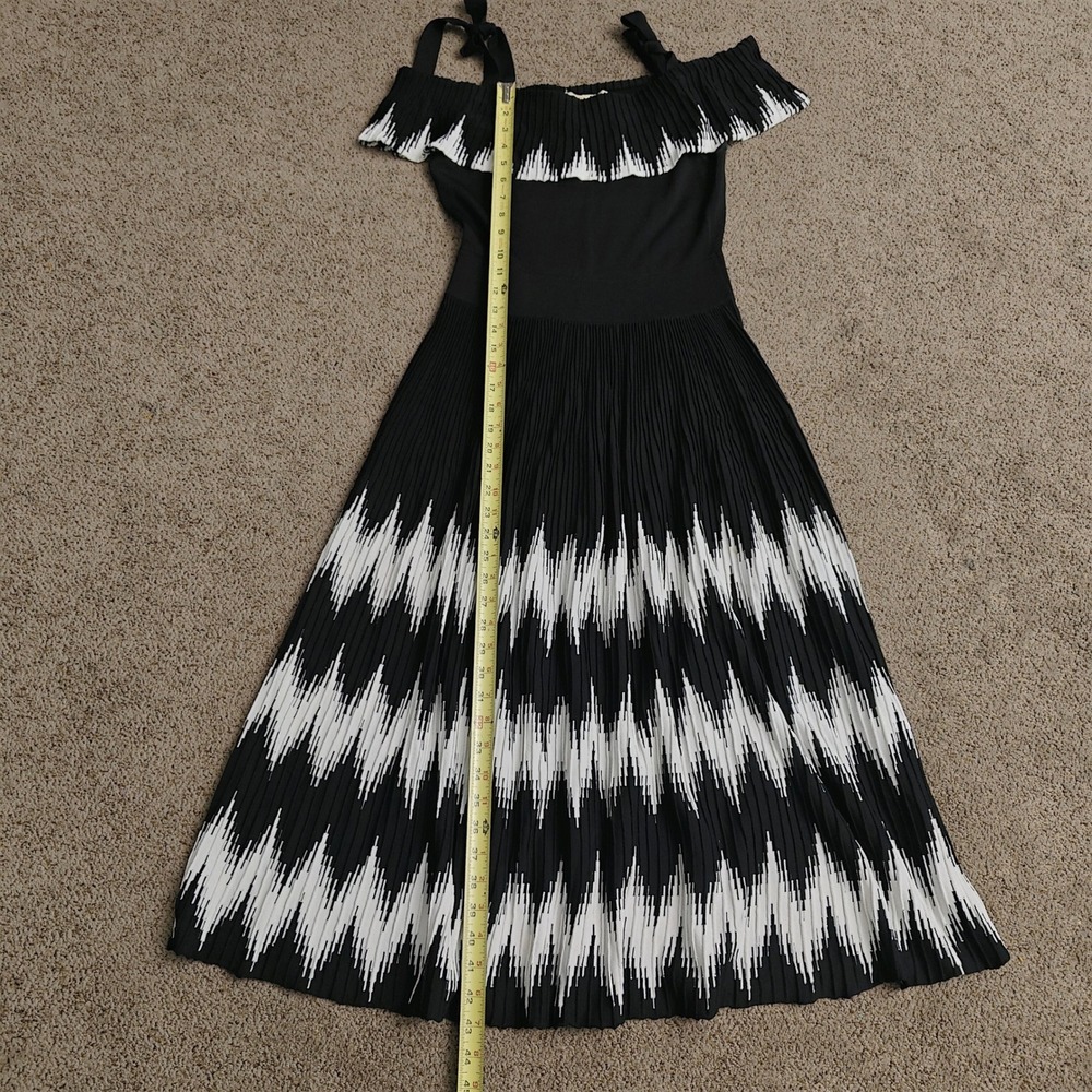 Maje Black White Zig-Zag Pleated Off-the-Shoulder Knit Midi Dress Size 3 L - Picture 10 of 14